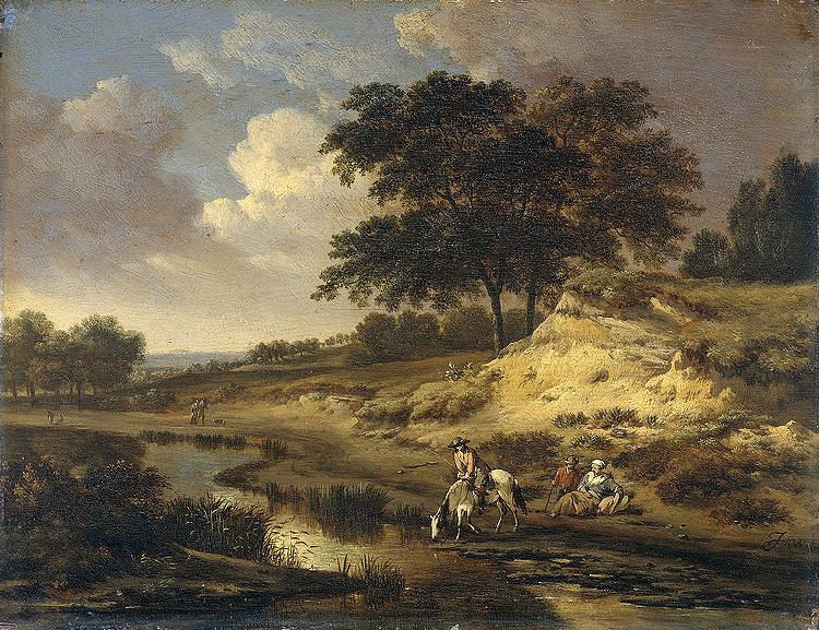 Jan Wijnants Landscape with a rider watering his horse.